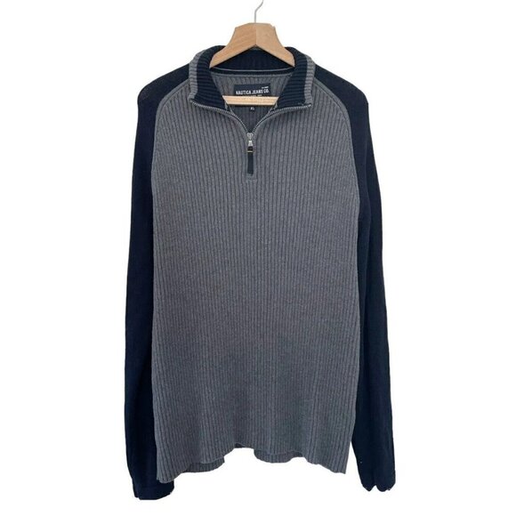 Vintage Nautica Jeans Co Mens Sz XL Gray Blue Half Zip Pullover Ribbed Sweater - Picture 1 of 7